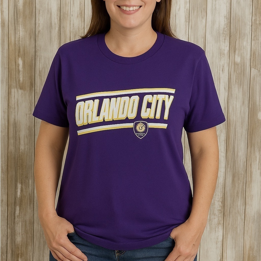Orlando City SC MLS Graphic Tee Purple Gold Soccer Shirt Women’s Large